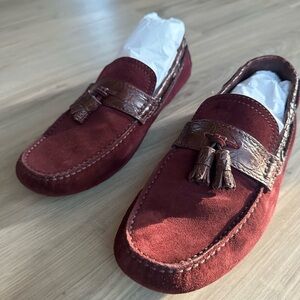 Brioni Burgundy Suede Tassel Loafers with Brown Leather Trim